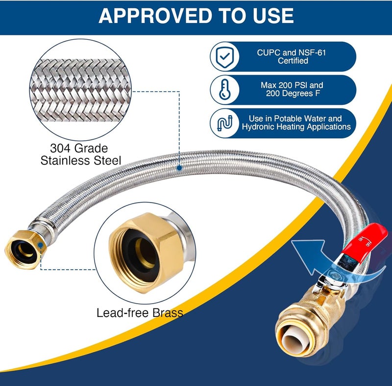 PEVEPEXE Heavy Duty 24" Braided Stainless Steel Hot Water Heater Hose – 3/4 Inch FIP x 3/4 Inch Ball Valve, Push-to-Connect Brass Fitting - Image 4